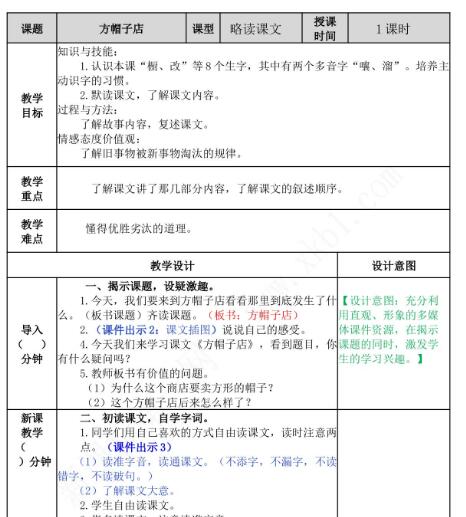 2021年部编版三年级第26课方帽子店教案资源免费下载