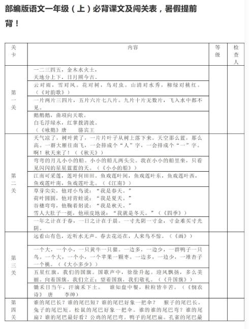 部编版语文一年级(上)必背课文及闯关表资源免费下载