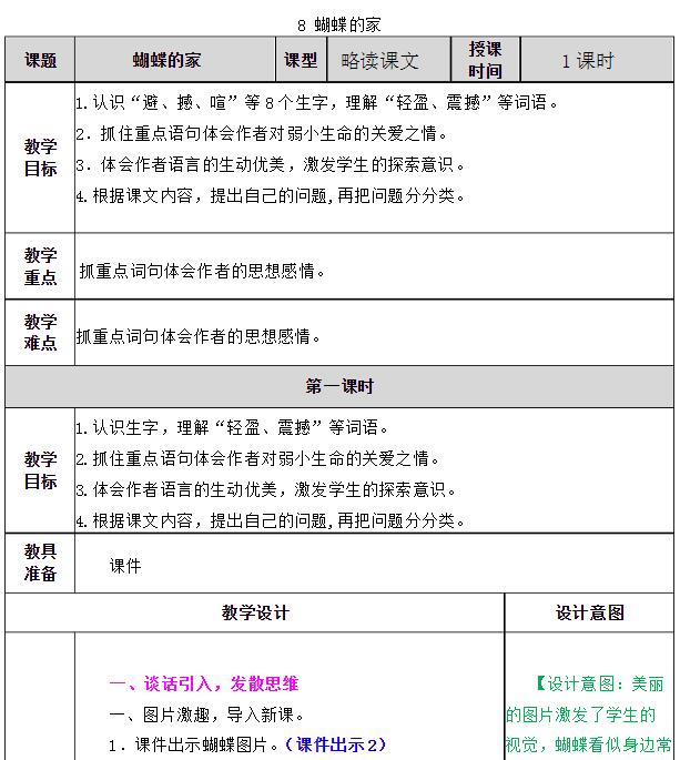 2021年部编版四年级上册第8课蝴蝶的家教案资源免费下载